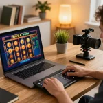 Pengguna yang terlibat bermain permainan mega slot di laptop di kantor rumah yang nyaman, menggambarkan permainan yang bertanggung jawab.