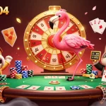 Join the excitement at GARUDA404 with a vibrant gaming scene featuring a flamingo game show host, bulldog contestant, and thrilling casino elements.