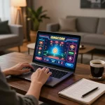 IDNSCORE player strategizing online gambling with vibrant games on the laptop screen.