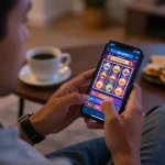 Engaging gameplay with UG DEWA online casino on smartphone featuring vibrant slot machines in a cozy setting.