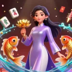 Rasakan kegembiraan togel online dalam ilustrasi 3D yang hidup ini menampilkan seorang wanita Asia dengan teratai emas dan ikan koi.