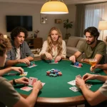 Experience the thrill of friends competing in poker with MPO ID at home, vibrant chips, and drinks.