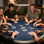 Nego77 players enjoying a thrilling home poker game night with chips and cards spread across the table