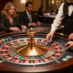 Players placing bets at the roulette table in an upscale casino while enjoying their lucks8 experience.