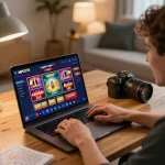 MPO08 Login 778 excitement captured in a vibrant home gaming setup with engaging casino app on laptop.