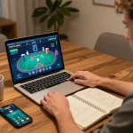 LGO99 player analyzing poker strategy at home, using laptop and notebook in cozy setting.
