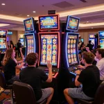 Players enjoying slots at jangkar55 casino, showcasing excitement and vibrant digital displays.