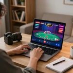 Engaging online gambling experience with rikvip platform, player enjoying poker at home