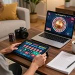 Player enjoying an online game at home with 789bet, showcasing a tablet displaying live roulette.
