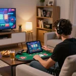 Engaging in GAME ONLINE poker session via tablet in a cozy home environment, showcasing responsible gaming.