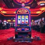 Menggunakan slot mesin judi di kasino yang mewah dengan latar belakang pencahayaan dramatis.