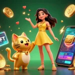 Experience winning thrills with 33win as you interact with a golden lucky cat amidst vibrant casino elements.