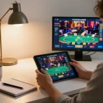Engaging online gaming setup highlighting LGOLUX LOGIN with tablet displaying poker game interface.