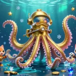 Engage with thrilling togel hongkong visuals featuring a kraken and diving cat in a vibrant casino scene