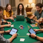 Friends enjoying poker on laptops during a lively UG DEWA online gaming night, fostering responsible gaming.