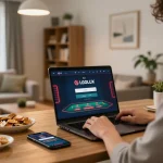 Login to LGOLUX for online gaming with a cozy home setup showcasing live dealer tables.