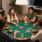 Friends enjoying a Fun88 poker night, showcasing strategic gameplay and social interaction.
