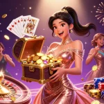 Experience thrilling wins at kenzototo login with an Asian woman unveiling treasures in a dazzling casino setting.