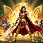 Win big at xxx777 with a glamorous queen and her armored wolf companion in a treasure-filled casino scene.