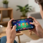 Engaging with MPO08 Link mobile casino game at home, showcasing user-friendly interface and gameplay.