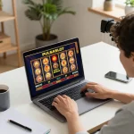 PULSASLOT player enjoying an engaging online slot gaming session, coffee and notes nearby