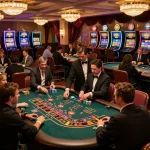 Vibrant casino scene depicting players at blackjack tables, featuring nhà cái vua 88 enthusiasts engaged in strategic gameplay.