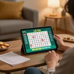 Engaged player analyzing lô đề odds on a tablet in a cozy home setting.