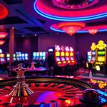 NEKOTOTO, suasana kasino yang penuh warna dengan meja roulette dan mesin slot berkilau.