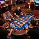 Players enjoying a thrilling online casino experience with IDC88 JOKER slots on screen, showcasing strategic gameplay.