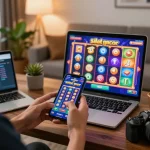 Engaging with situs slot gacor on smartphone, colorful slot graphics brightening the cozy home atmosphere