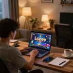 LGO99 player enjoying an online gaming session from a cozy home office.