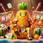 Slot gacor maxwin menampilkan raja nanas emas kartun di kasino, dikelilingi elemen permainan yang menggoda.