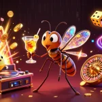 Exciting scene featuring 00s8 casino elements with a 3D mosquito mascot, fossil DJ, and jackpot explosion.