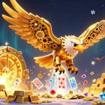 top1toto merayakan kemenangan dengan karakter burung phoenix cybernetic di kasino digital yang megah