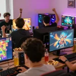 Exciting slot gaming experience with players enjoying vibrant graphics