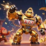 Engage with qqmacan situs resmi toto slot gacor online terpercaya hari ini, featuring a dynamic gambling scene with a golden gorilla mec