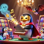 Experience the excitement with hawai99 slot gacor, featuring thrilling slot reels and a captivating penguin playing a golden organ.