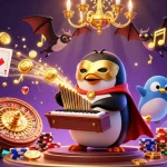 Betting in style with daftar sbobet; a penguin organist and golden musical notes amidst casino elements.