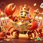 Engaging illustration of Demo Akun with a golden crab emperor, jackpot reels, and festive decorations.