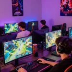 Pengalaman bermain di sulap338 dengan suasana meriah, pemain antusias dan perangkat gaming canggih.