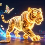 Experience sbobet88 with an electrifying digital casino scene featuring a golden tiger and cryptocurrency elements.