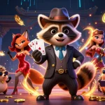 Experience thrilling wins at NK88 with a raccoon holding a royal flush in a vibrant casino scene.