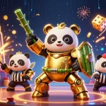 Permainan kasino yang mengasyikkan 23naga dengan panda emas dan robot tempur di arena penuh koin.