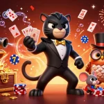 Engage with ahha4d's dynamic casino scene featuring a stylish panther dealer, owl with chips, and lucky mouse amidst vibrant gaming elements.