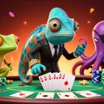 Engage with llwin at a vibrant poker scene featuring a secret agent chameleon and dynamic casino elements.