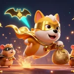 CICAKWIN DATAR showcases thrilling online gaming with a superhero dog delivering gold coins amidst dynamic casino elements.