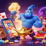 Toto123 link reveals winning strategies with vibrant 3D casino scenes featuring a genie and poker elements.