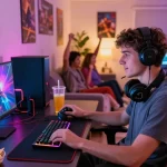Penggemar BOS88 bermain game di ruang modern dengan laptop dan suasana yang menyenangkan.