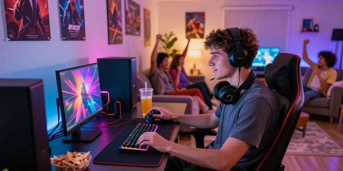 Penggemar BOS88 bermain game di ruang modern dengan laptop dan suasana yang menyenangkan.
