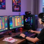 Permainan situs togel online dengan pemain menyaksikan angka dan tiket lotere yang tergeletak di meja.